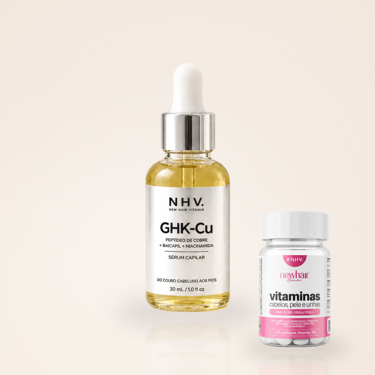 Um frasco do sérum e o pote de vitaminas NHV